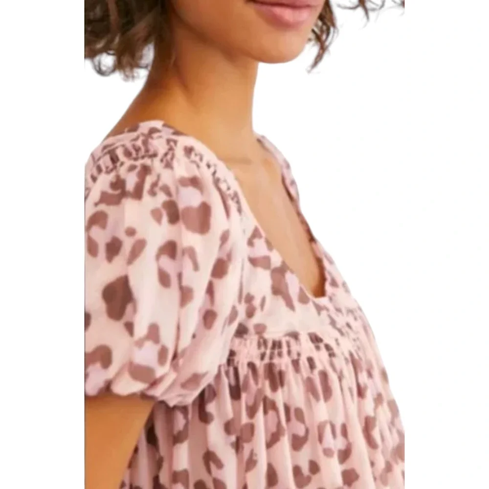 FREE PEOPLE Meg's Leopard Print Cropped Mesh Bubble Hem‎ Top Women's XS